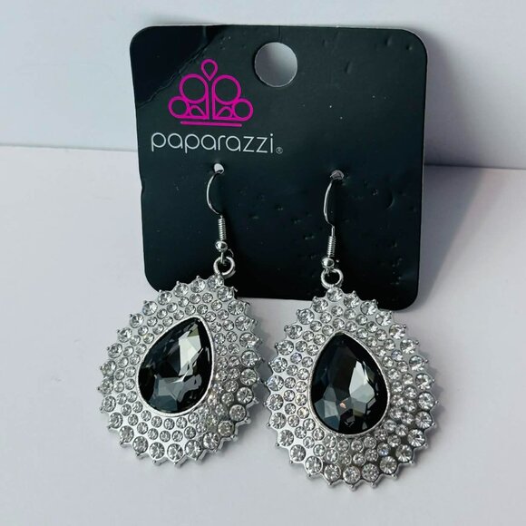 Paparazzi Black Teardrop Crystal Halo Earrings – Silver Glam Statement Dangles - Picture 2 of 2